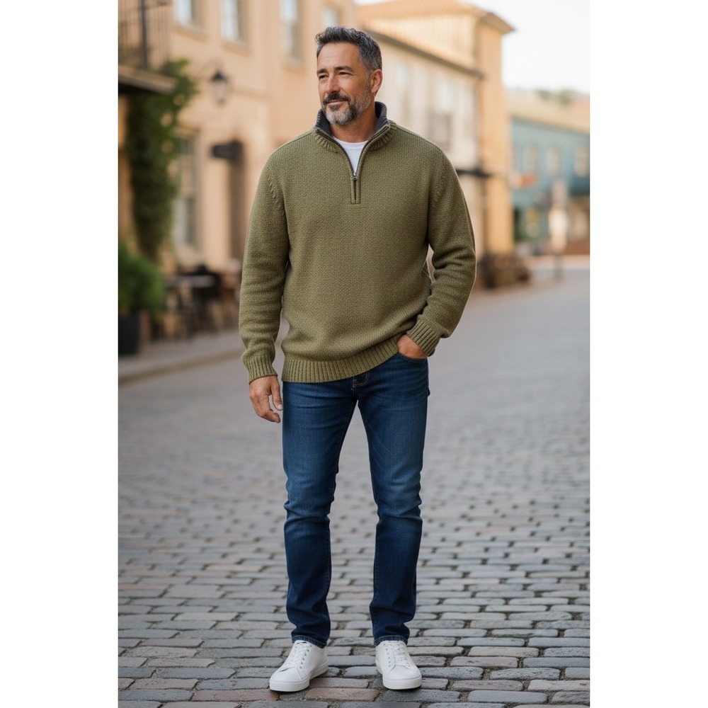 Columbia Sportswear Mens Quarter Zip Pullover Sweater‎ Olive Green Textured Knit